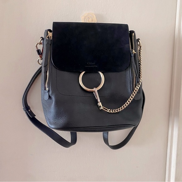 Chloe Faye Black Leather Backpack Shoulder Bag with Gold Tone Hardware - Picture 2 of 9